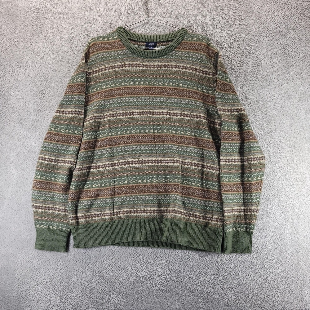 J Crew Sweater Mens XL Green Fair Isle Lambswool Crewneck Granpa Knit Coastal